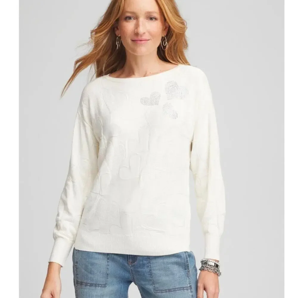 Chico's Embellished Valentine's Day Pullover Sweater Ecru Silver Rhinestones, 4